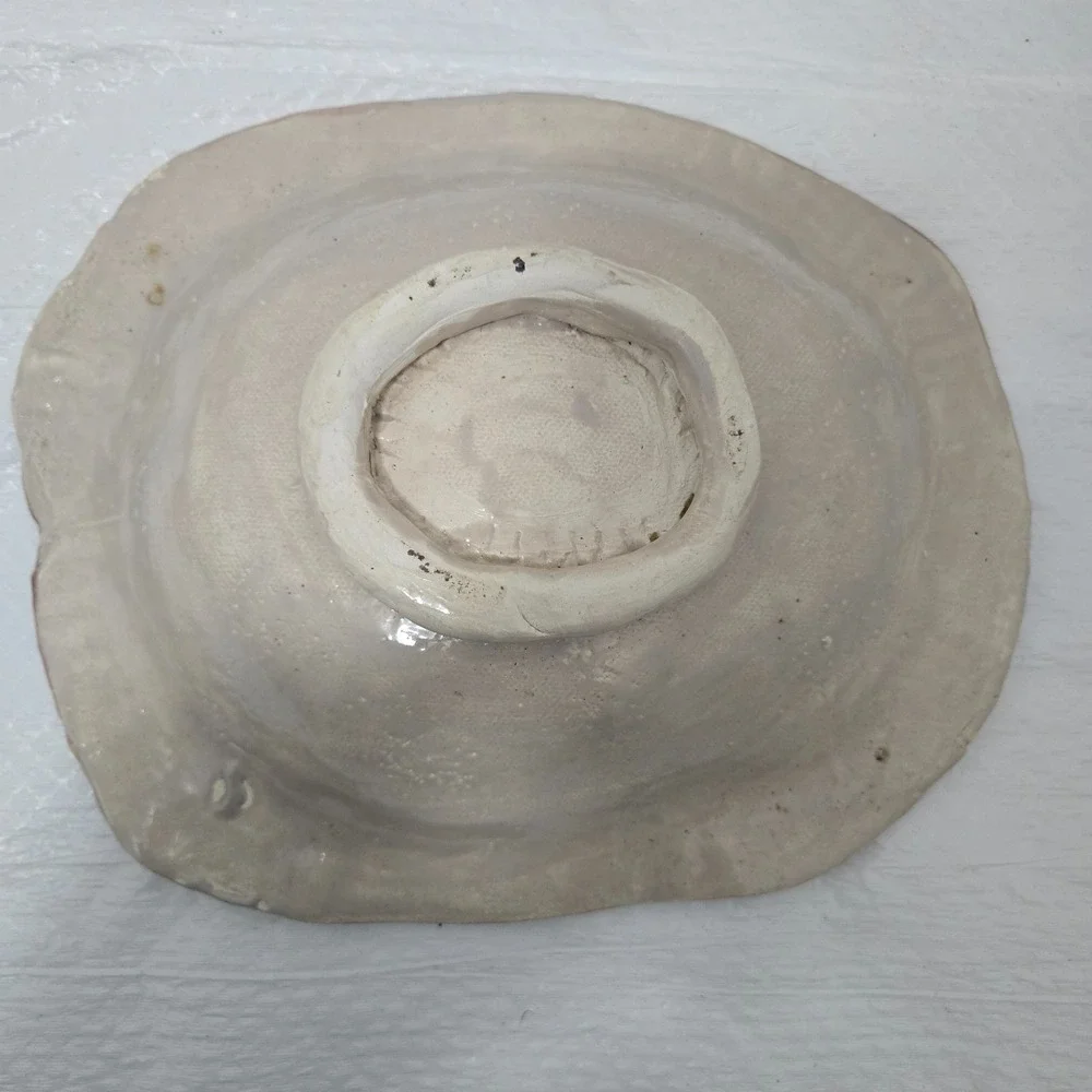 Handmade Studio Pottery Square Platter Bowl Pink Sunburst Flower 9